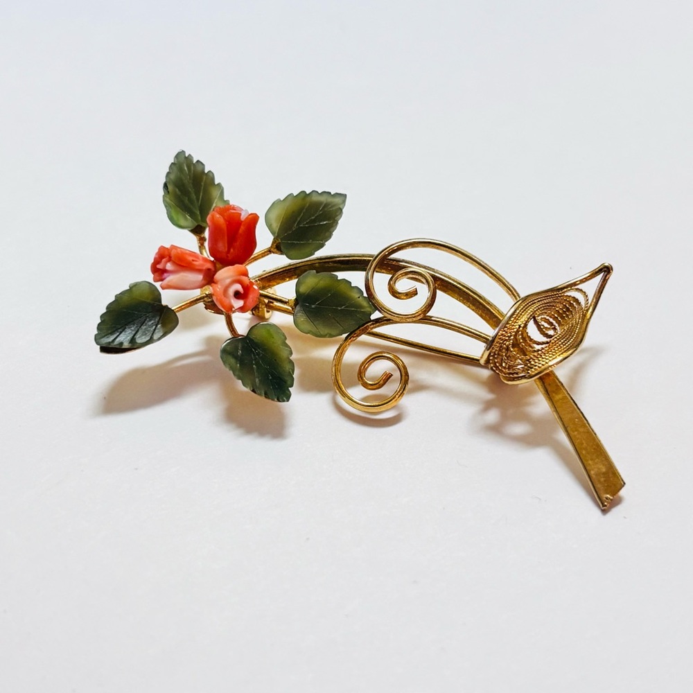 Vintage Carved Jade & Coral Rose Flower Brooch